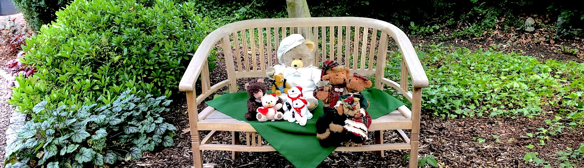 Verschiedene Teddybären sitzen auf einer Gartenbank im Grünen - symbolisch für das Netzwerk der Partner von ErlebnisTouren Frauke Klemme